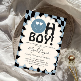 Invitación Oh Boy! Modern Groovy Blue Happy Face Baby Shower
