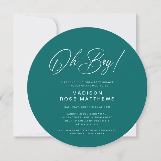 Invitación Oh Boy Modern Round  Script Teal  Baby Shower   (Anverso)