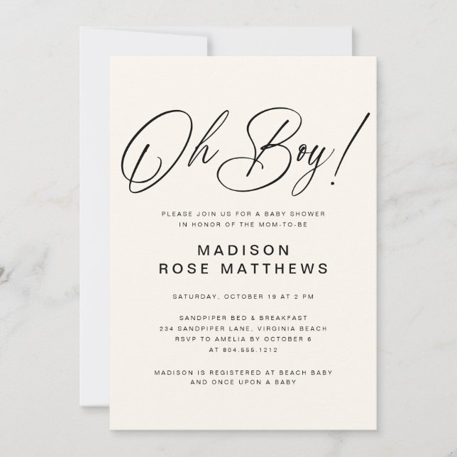 Invitación Oh Boy Modern Script Dusty Blue Baby Shower  Invit (Anverso)