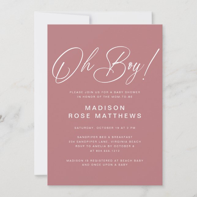 Invitación Oh Boy Modern Script Dusty Rose Baby Shower  (Anverso)
