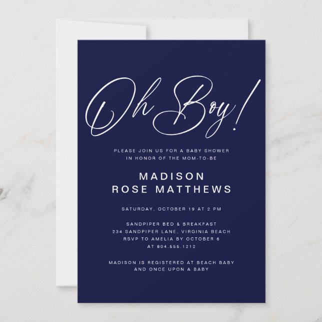 Invitación Oh Boy Modern Script Navy Blue  Baby Shower  (Anverso)