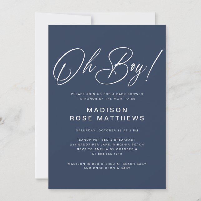 Invitación Oh Boy Modern Script Navy Blue  Baby Shower   (Anverso)