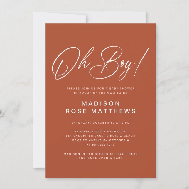 Invitación Oh Boy Modern Script Rust   Baby Shower   (Anverso)