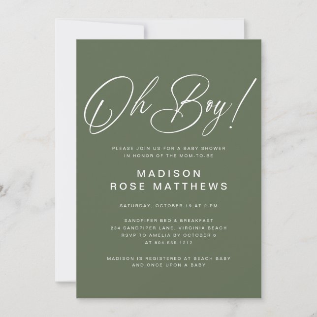 Invitación Oh Boy Modern Script Sage Olive Baby Shower   (Anverso)