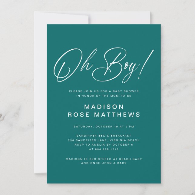 Invitación Oh Boy Modern Script Teal  Baby Shower   (Anverso)
