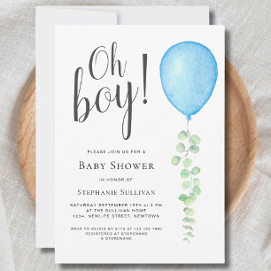 Invitación Oh Boy Moderno Eucalyptus Blue Balloon Baby Shower