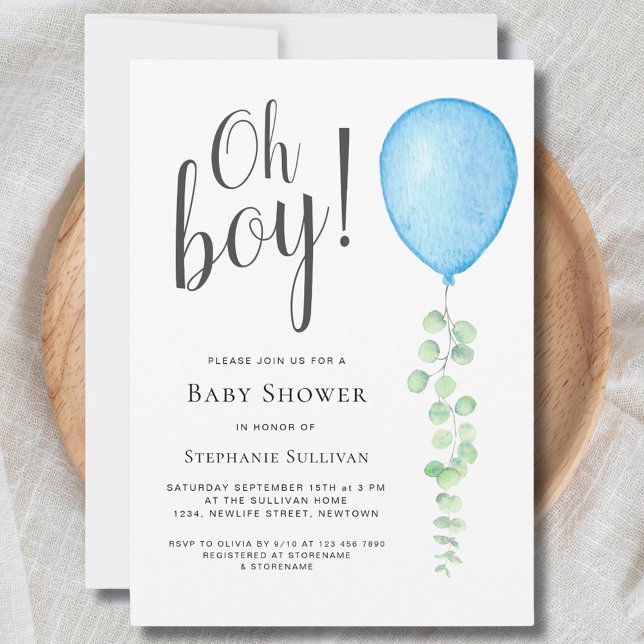 Invitación Oh Boy Moderno Eucalyptus Blue Balloon Baby Shower (Subido por el creador)