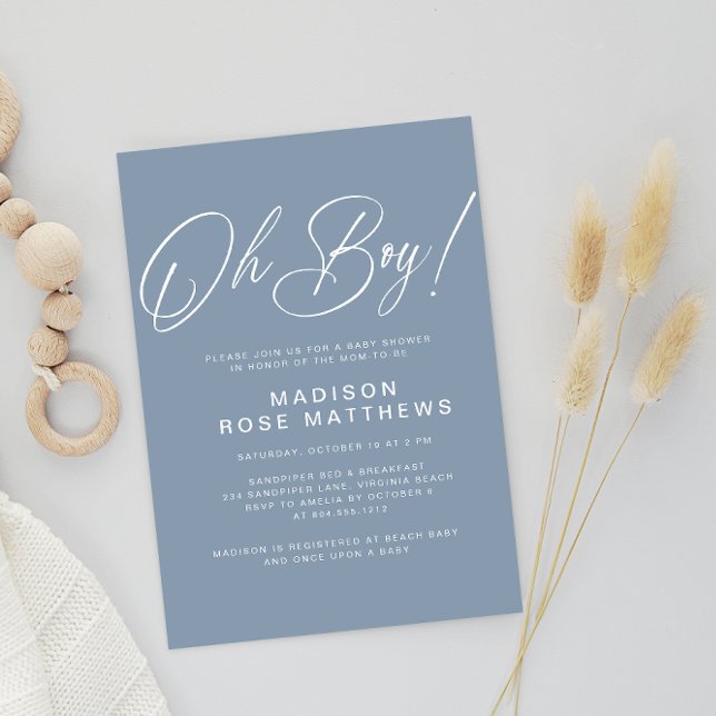 Invitación Oh Boy Moderno Script Dusty Blue Baby Shower (Subido por el creador)