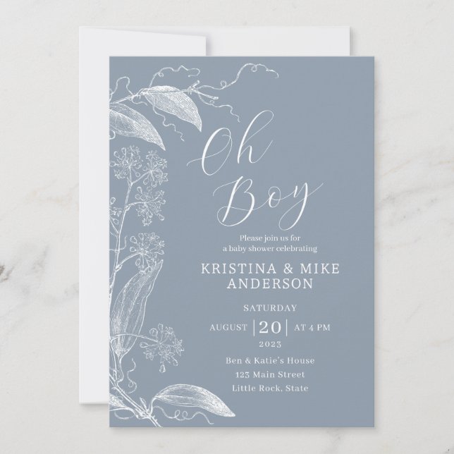 Invitación Oh Boy Moderno Simple Dusty Blue Boy Baby Shower (Anverso)