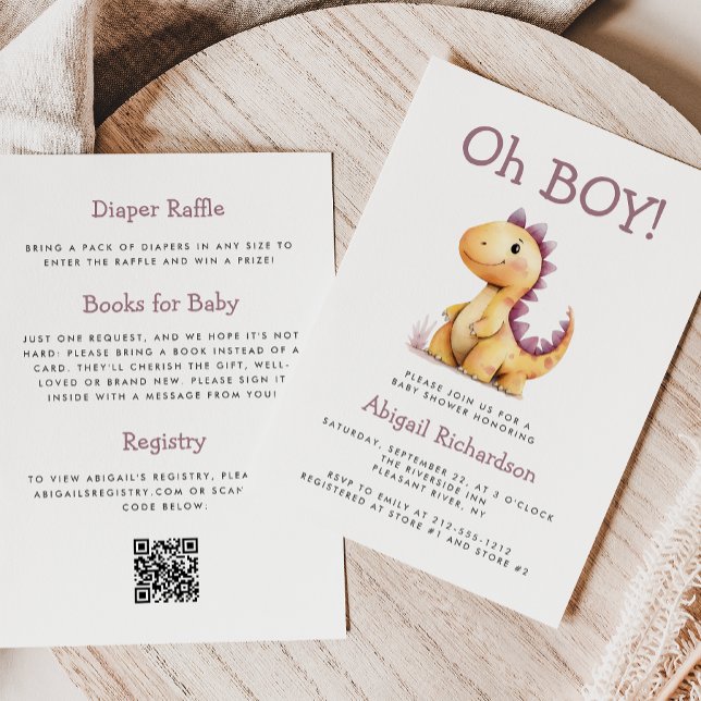 Invitación Oh Boy Naranja Purple Dinosaur QR Code Baby Shower (Subido por el creador)