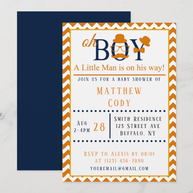 Invitación Oh Boy Naranja y Blue Baby Shower (Anverso / Reverso)