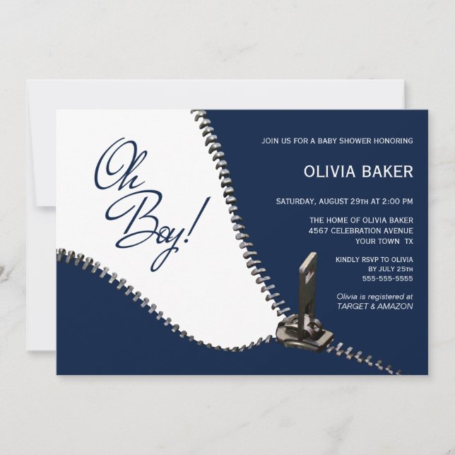 Invitación Oh Boy Navy Blue con Baby Shower de cremallera de  (Anverso)