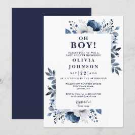 Invitación Oh Boy Navy Blue Elegal Baby Shower Floral