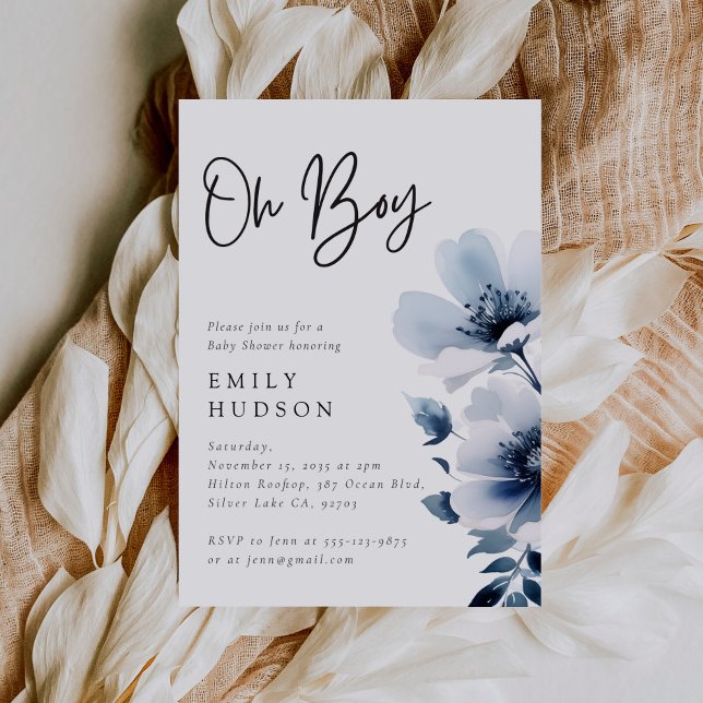 Invitación Oh Boy Navy Blue Floral Baby Shower (Subido por el creador)