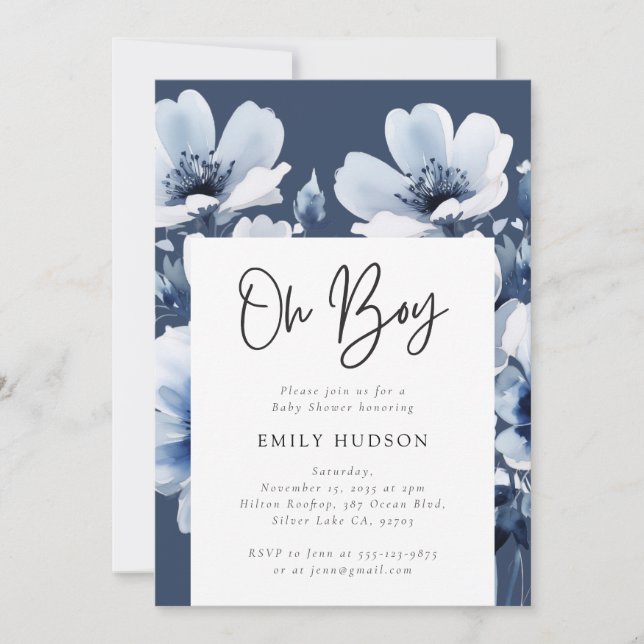 Invitación Oh Boy Navy Blue Floral Baby Shower (Anverso)
