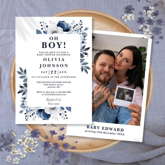 Invitación Oh Boy Navy Blue Floral Photo Baby Shower (Oh Boy Navy Blue Floral Photo Baby Shower Invitation)
