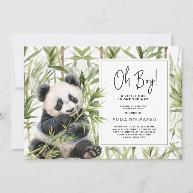 Invitación Oh Boy Panda Bear Bamboo Boy Baby Shower (Anverso)