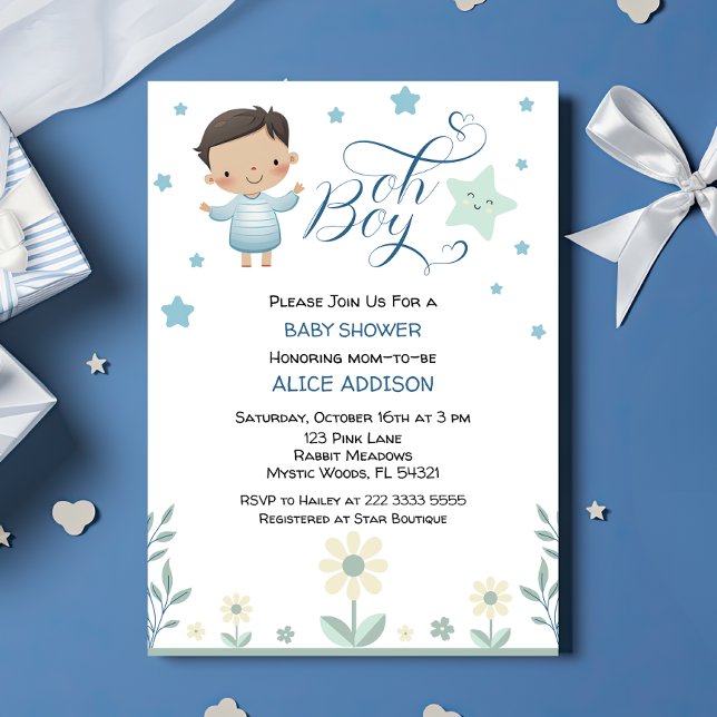 Invitación Oh Boy Pastel Estrellas verdes y azules y flores a (Subido por el creador)