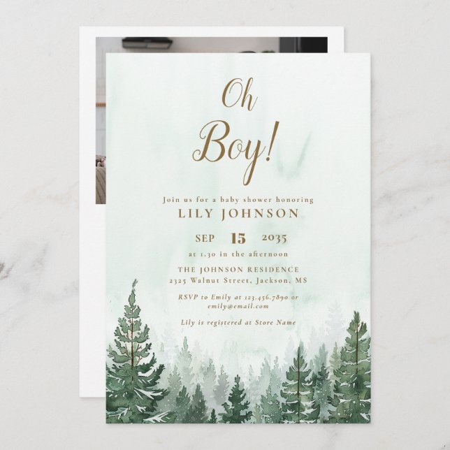 Invitación Oh Boy Pine Tree Forest Baby Shower Photo QR Code (Anverso / Reverso)