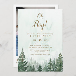 Invitación Oh Boy Pine Tree Forest Baby Shower Photo QR Code