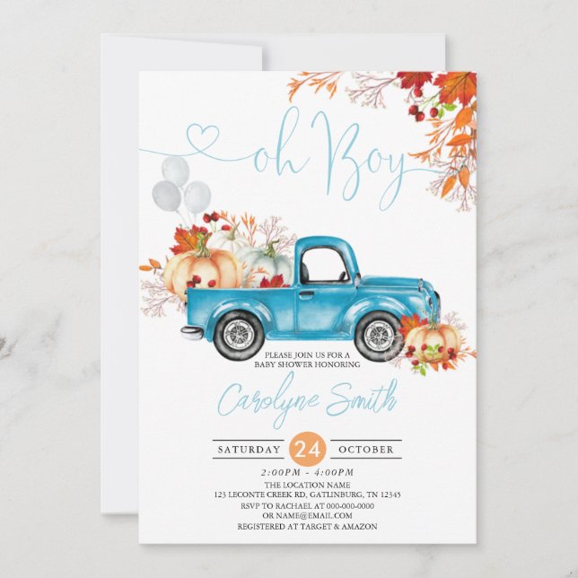 Invitación Oh Boy Pumpkin Blue Truck Fall Baby Shower (Anverso)