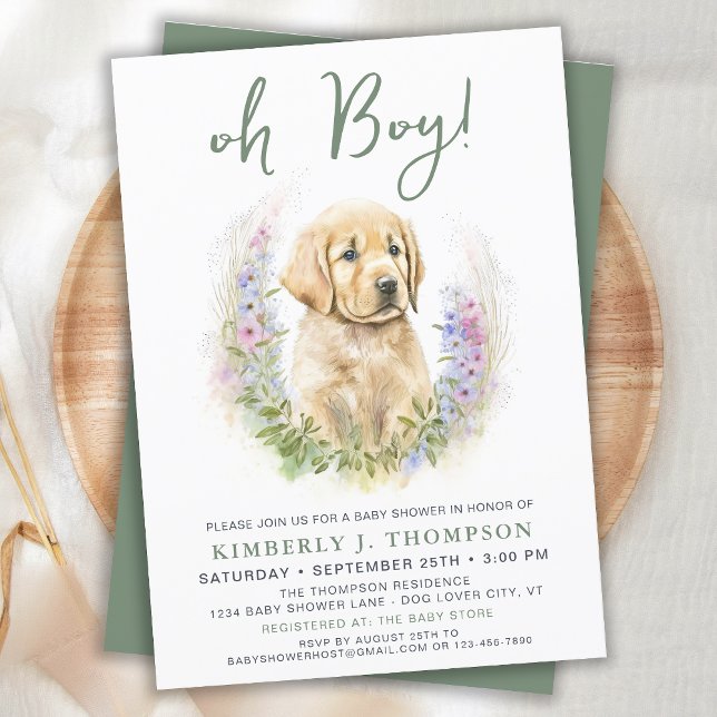 Invitación Oh Boy Puppy Dog Moderno Sage Green Baby Shower (Subido por el creador)