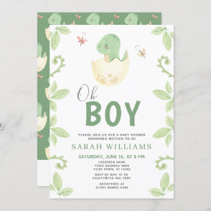 Invitación Oh Boy QR Code lindo Baby Shower de dinosaurios ve