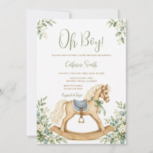 Invitación Oh Boy Rocking Horse Baby Shower Verde Floral