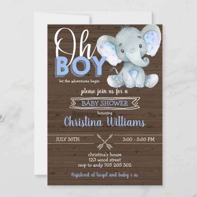 Invitación Oh Boy Rustic Elephant Baby Wood Baby Shower (Anverso)
