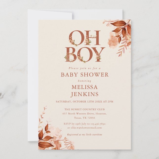 Invitación Oh Boy Rustic Floral Otoño Caída Baby Shower (Anverso)