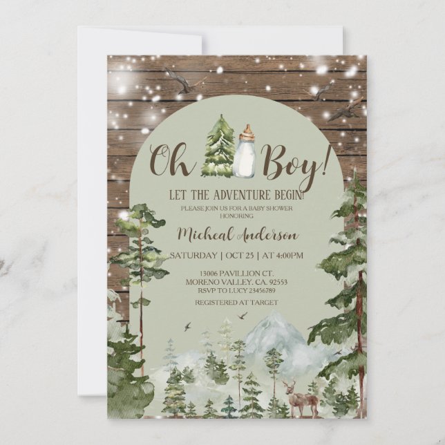 Invitación Oh Boy Rustic Wood Adventure Navidades Baby Shower (Anverso)