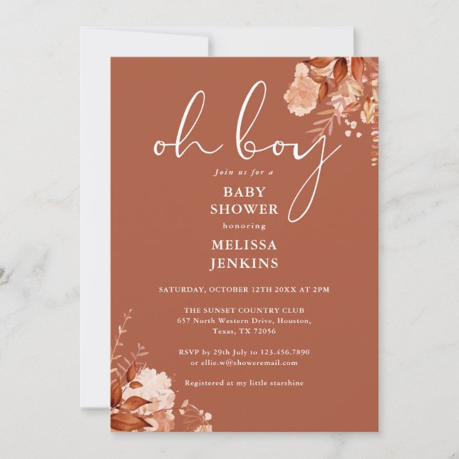 Invitación Oh Boy Rústico Floral Otoño Baby Shower (Anverso)