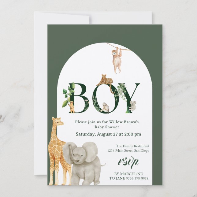 Invitación Oh Boy Safari Animal Jungle GreenerenBaby Shower (Anverso)