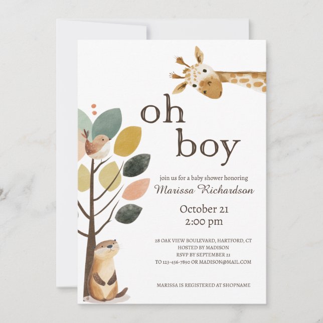 Invitación Oh Boy Safari Animals Baby Shower (Anverso)
