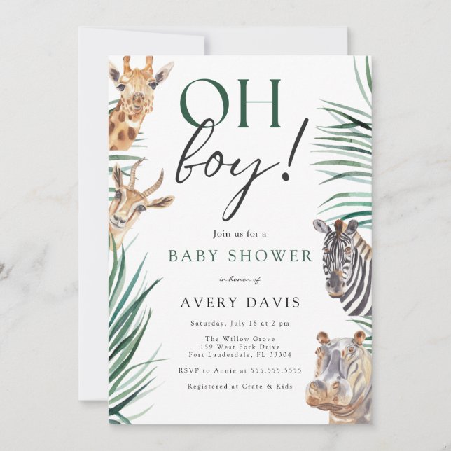 Invitación Oh Boy Safari Animals Baby Shower (Anverso)