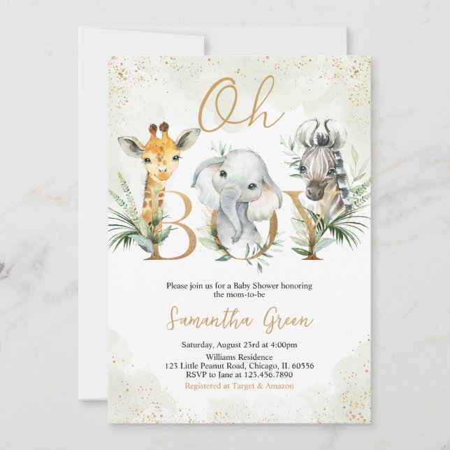 Invitación Oh Boy Safari Animals Baby Shower (Anverso)