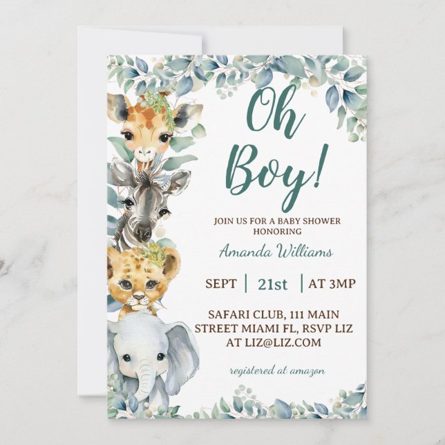 Invitación Oh Boy Safari Animals Baby Shower (Anverso)