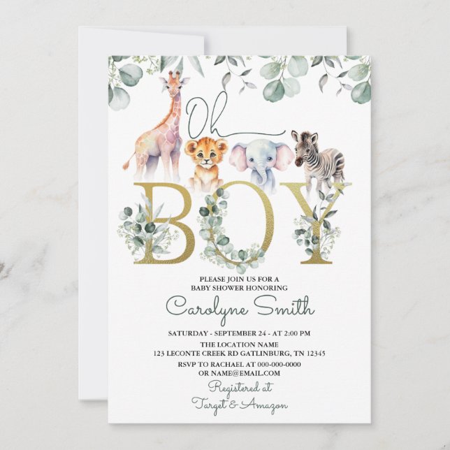 Invitación Oh Boy Safari Animals Greenery Baby Shower (Anverso)