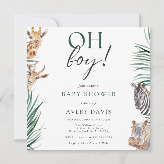Invitación Oh Boy Safari Animals Plaza Baby Shower (Anverso)