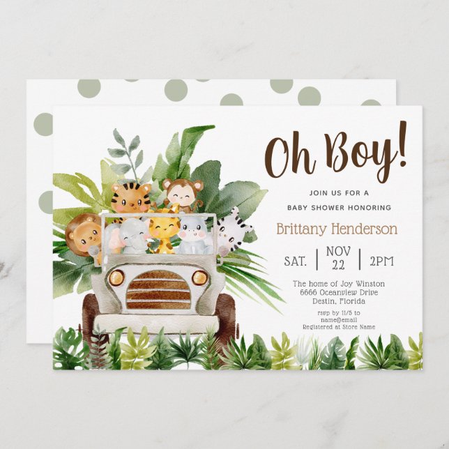 Invitación Oh Boy Safari Jungle Zoo Animals Niño Baby Shower  (Anverso / Reverso)