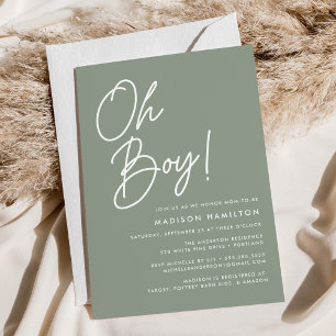 Invitación Oh Boy Script Green Baby Shower Minimalista