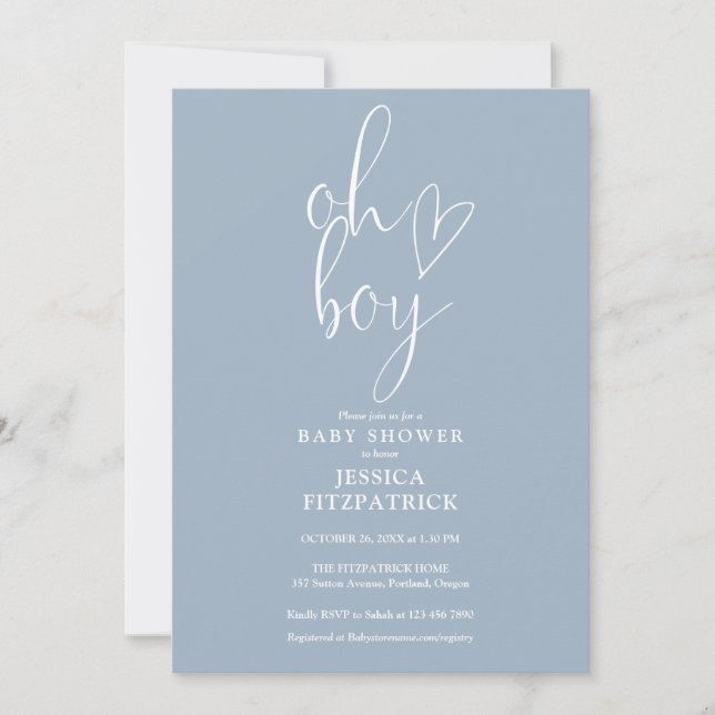 Invitación Oh Boy Script Heart Dusty Blue Baby Shower (Anverso)