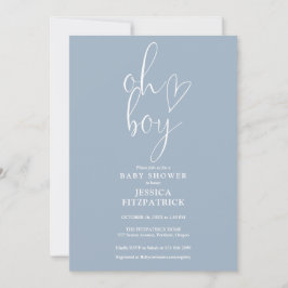 Invitación Oh Boy Script Heart Dusty Blue Baby Shower
