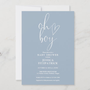 Invitación Oh Boy Script Heart Dusty Blue Boy Baby Shower