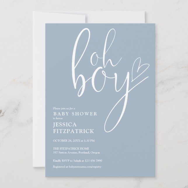 Invitación Oh Boy Script Heart Dusty Blue Boy Baby Shower (Anverso)