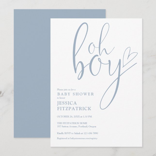 Invitación Oh Boy Script Heart Dusty Blue Boy Baby Shower (Anverso / Reverso)
