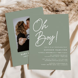 Invitación Oh Boy Script Sage Green Photo Baby Shower