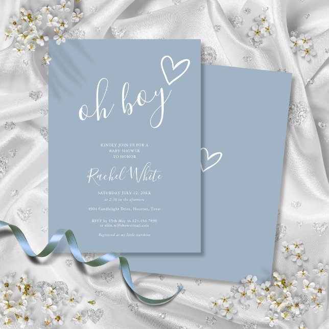 Invitación Oh Boy Shower Heart Dusty Blue Minimalista (Oh Boy Shower Heart Dusty Blue Minimalist Invitation)