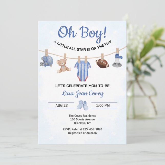 Invitación Oh Boy Sports Baby Shower (Anverso de pie)