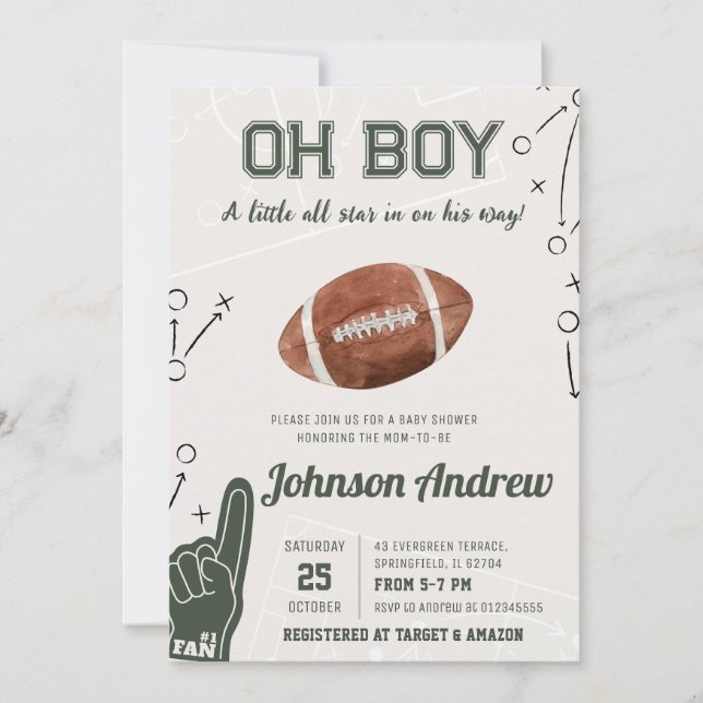 Invitación Oh Boy Sports Football Baby Shower (Anverso)